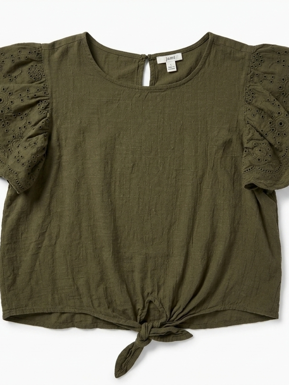 Miami Francesca's Olive Green Eyelet Flutter Sleeve Tie Front Top Large Cotton
